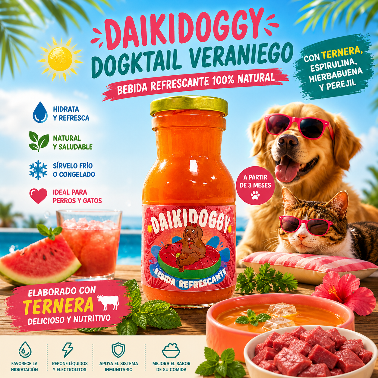 Caldo veraniego – Dogktail para perros y gatos ternera